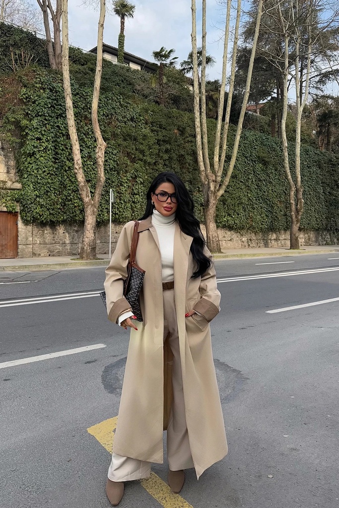 Beige Shirt Collar Long Trench Coat