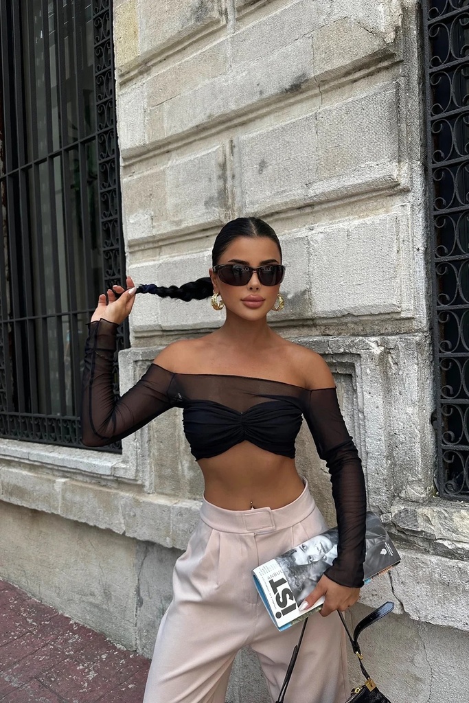 Black Tulle Detail Crop Top
