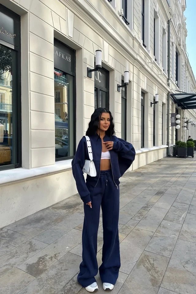 Navy Blue Zipper Detail Suit