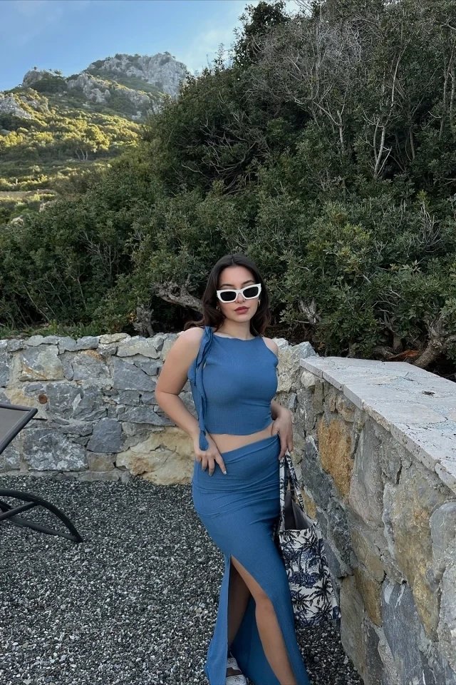 Indigo Skirt Slit Detail Suit