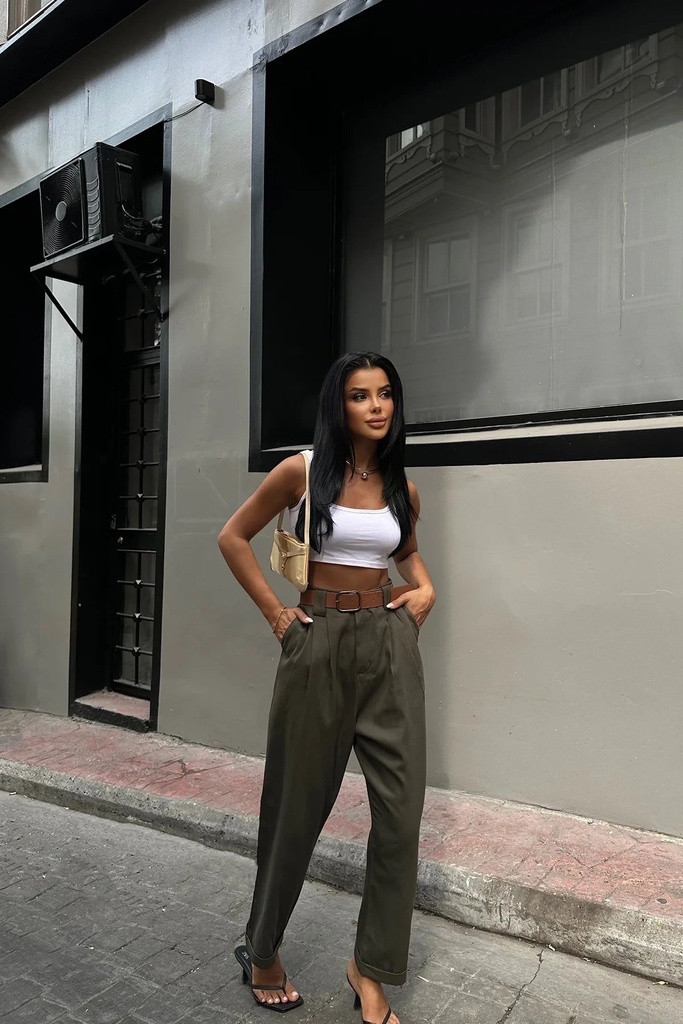 Khaki Belt Detail Palazzo Trousers