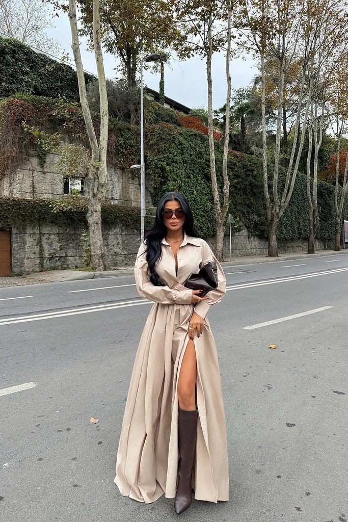 Beige Belt Detail Long Dress