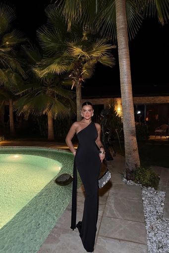 [ATE-1285-SML222] Black Back Tie Ring Detail Long Dress