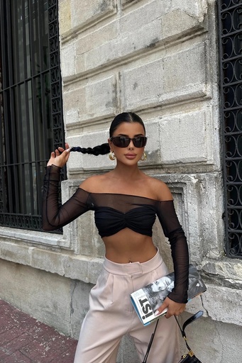 [ATE6650-SML222] Black Tulle Detail Crop Top