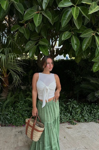 [ATE7907-SML222] White Front Connecting Crop Top