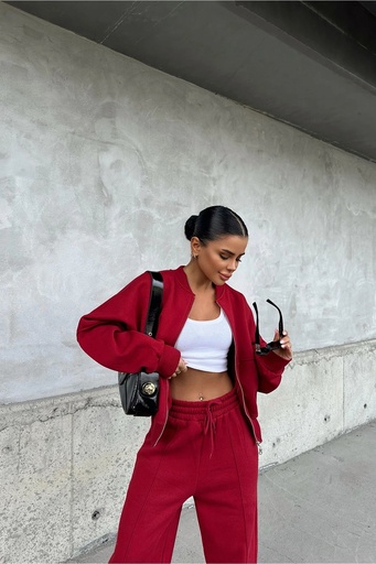 [ATE-0581-SML222] Red Zipper Detail Pants Suit