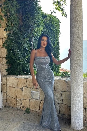 [ATE7738-SML222] Gray Strap Silvery Long Evening Dress