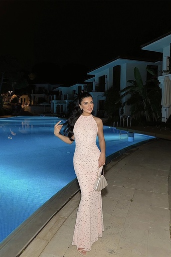 [ATE-1047-L6] Powder Zuri Stone Detailed Long Dress