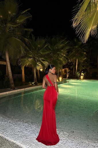 [ATE-1284-SML222] Red Back Tie Ring Detail Long Dress
