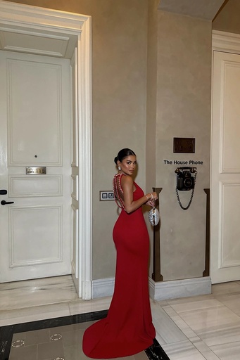 [ATE-1554-SML222] Red Pearl Detail Long Dress
